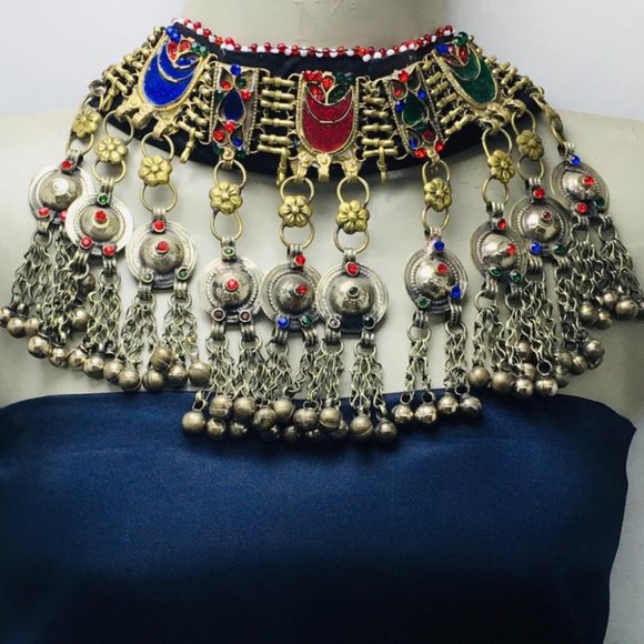 Vintage Choker Necklace, Handcrafted Tribal Collar Choker Necklace With Dangling - Picture 1 of 16